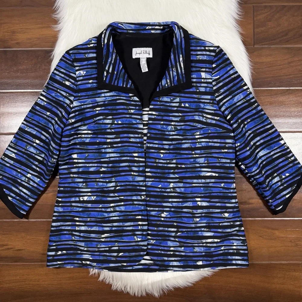 Joseph Ribkoff Women's Size 16 Blue‎ and Black Open Front Cardigan Blazer Jacket